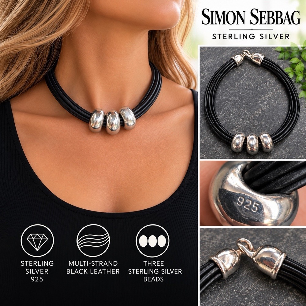 Simon Sebbag 925 Sterling Silver 3 Bead Multi Strand Black Leather Necklace 16"